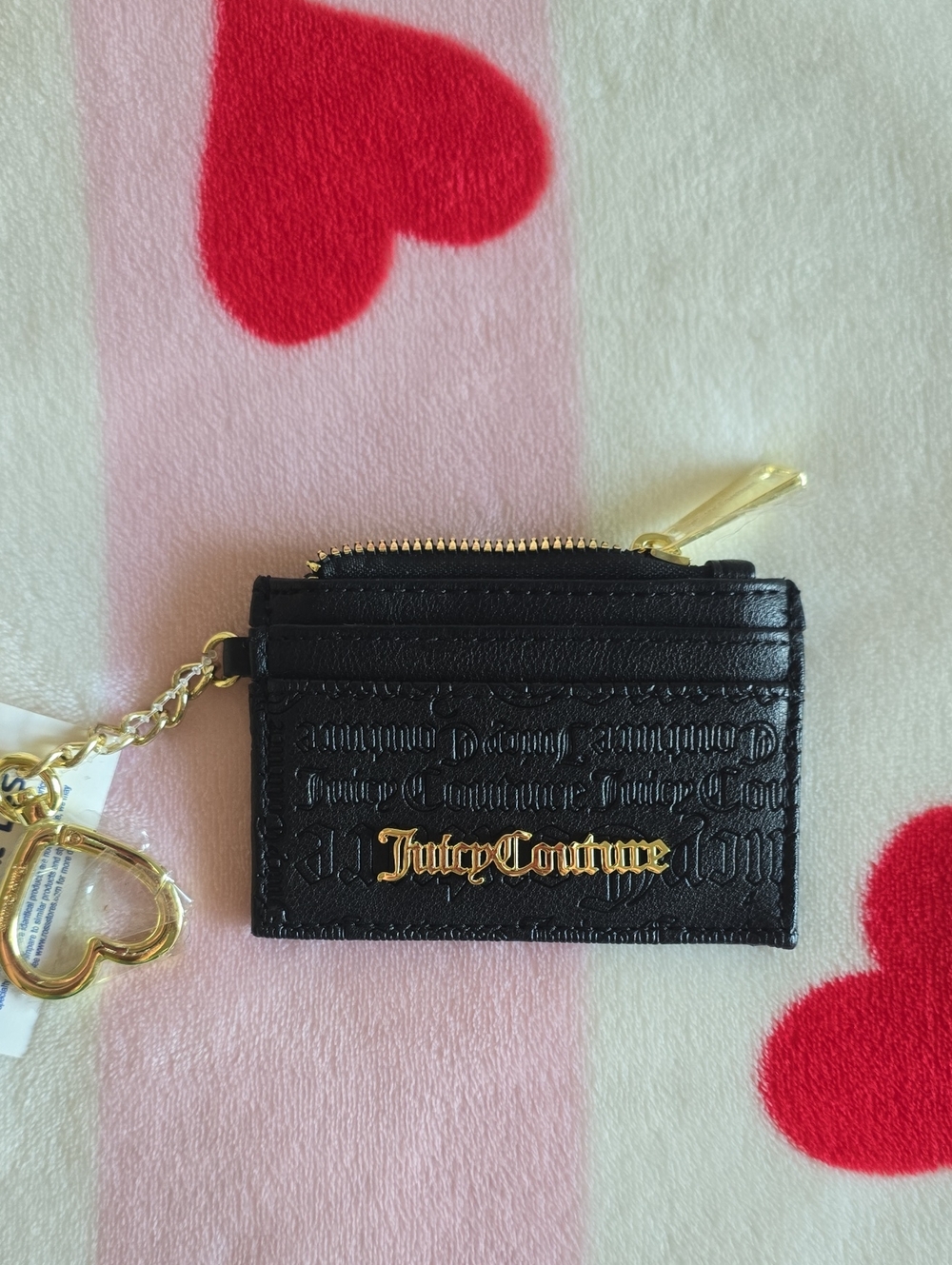 Juicy Couture Black Embossed Card & Key Holder with Gold Heart Charm